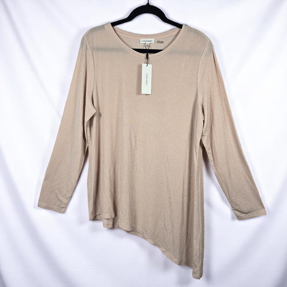 Calvin Klein‎ Asymmetric Hem Top Woman Large Light Salmon Sparkle Long Sleeve